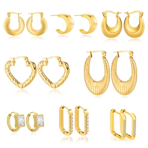Stainless Steel Gold Hoop Earrings For Women Hip Hop Geometric Croissant Bamboo Heart Huggie Earrings Cubic Zirconia Vintage