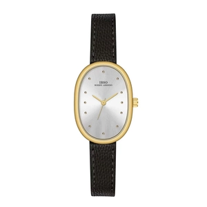 Minimalist oval gold quartz watch for women with white dial and black leather strap