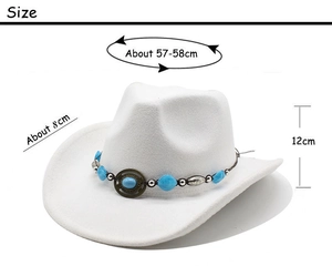 Detailed dimensions of white wool felt cowboy hat with bead and metal buckle trim