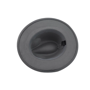 Detail view of the gray felt fedora hat interior with sweatband and wash label