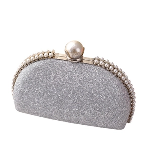 Silver glitter shell evening bag with white faux pearls and metallic chain strap