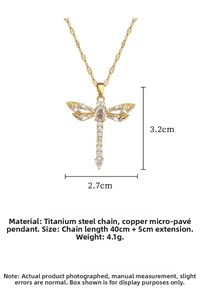 Detail of gold dragonfly pendant with micro-pave zircons and titanium steel chain dimensions