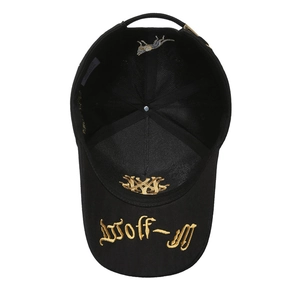 Black canvas baseball cap for large head sizes featuring gold Wolf-M gothic embroidery