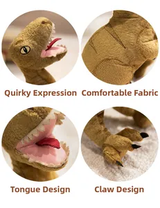 Detail view of plush dinosaur toy showing funny expressions and soft fabric texture