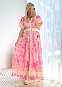Detail of high-waist floral maxi dress with button front, ruffles and matching belt