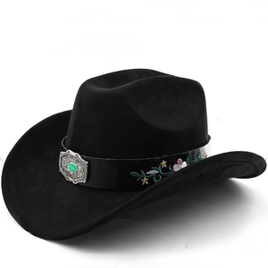 Western Cowboy Hat Suede Polyester Wide Brim Retro Ethnic With Flower Embroidery And Turquoise Gemstone Metal Buckle