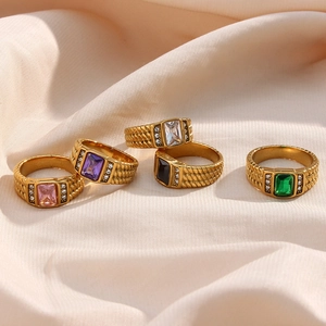 18K gold plated stainless steel rings set with colorful square zircon and scale texture