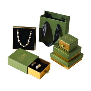 Retro green jewelry gift box set with gold lettering and matching paper handle bag