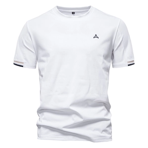 Detail of classic white cotton crewneck t-shirt featuring a minimalist black chest logo