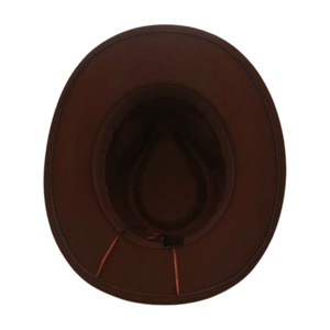 Detailed top view of dark brown felt fedora hat showing interior structure and adjustable strap