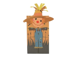 Front view of greaseproof Halloween kraft paper bags with festive scarecrow prints