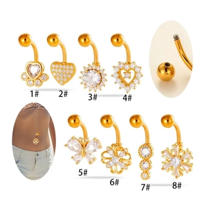 Set of 8 gold stainless steel belly rings with zircon heart and paw print designs