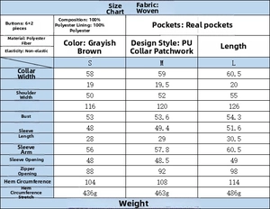 Detailed size chart for taupe colorblock suede jacket with PU patchwork collar specs
