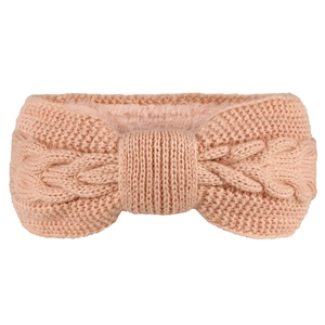 Close-up of cable knit bow headband with warm faux fleece lining in peach pink color