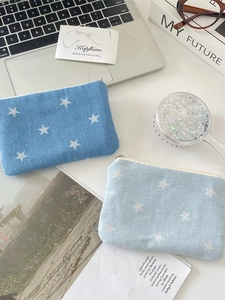 Denim coin purse set with white star print and silver metal zipper for travel storage