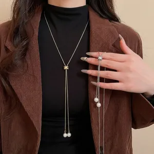 Collier Long En Y Avec Pendentifs En Künstliche Perles D'Imitation Chaîne Serpent Réglable Minimaliste Cuivre Zirconia Bijoux