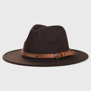 Close-up of wide brim wool fedora hat with brown leather belt and metal buckle detail