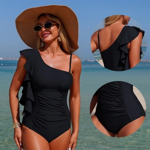 Elegant black one-shoulder swimsuit with ruffle trim and flattering ruched waist design