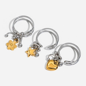 Stainless Steel Open Ring 18K Gold Plated Double Layer Hollow Safety Pin Pendants Star Heart Flower Two Tone Trendy Women