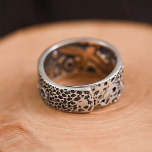 Vintage starry sky meteorite textured silver ring for men with adjustable open band style