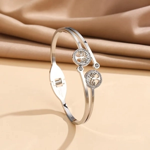 Hollow Tree of Life open bangle in silver stainless steel with micro-pave zircon crystals