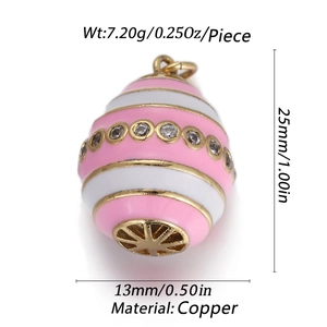 Detail of pink and white enamel evil eye pendant with dimensions and copper material specs