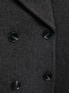 Detailed close-up of dark grey wool blend fabric texture and double-breasted black buttons