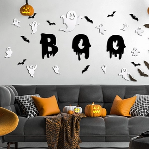 3D Halloween wall stickers featuring BOO letters, black bats, and white ghosts for home decor
