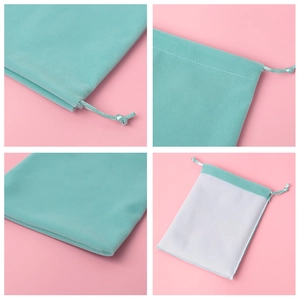 Mint green velvet jewelry pouch with drawstring closure shown in a multi-angle view