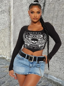Women Slim Fit T-Shirt Ribbed Knit Long Sleeve Crop Top Skull Graphic Print Street Rock Gothic Vintage Style Black