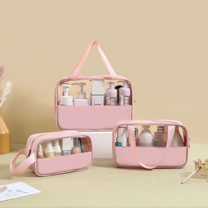 Cosmetic Toiletry Bag PU Leather And Transparent PVC Waterproof Large Capacity Portable Travel Storage Organizer For Women
