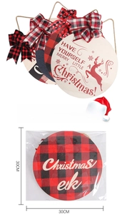 Detail of 28cm Christmas round wood sign with plaid bow and festive holiday greetings