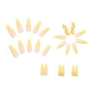Yellow French ballerina press-on nails with 3D flowers and butterfly decorations