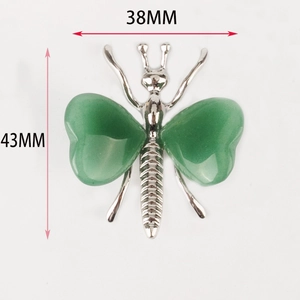 Natural green jade butterfly pendant with silver heart wings, size 38mm by 43mm