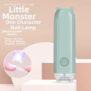 Handheld 3W mini nail lamp in mint green with cat ears showing power and 22x76mm size