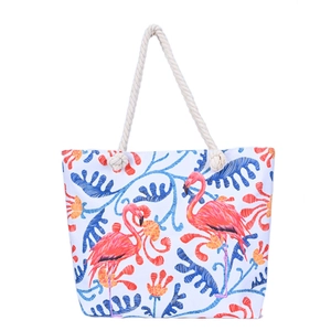 White canvas tote bag featuring pink flamingo floral patterns and thick rope handles