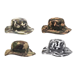 Detailed view of four camouflage boonie hats in various colors for outdoor sun protection