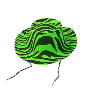 Close-up of neon green and black zebra print cowboy hat with adjustable chin strap detail