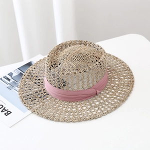 Women Summer Breathable Hollow Hand Woven Hat French Retro Wide Brim Sunshade Flat Top Beach Vacation Sun Hat For Women