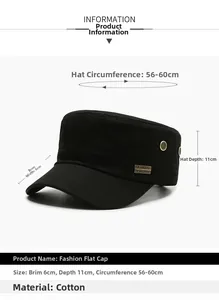 Detail view of cotton military flat cap with metal eyelets and logo plate decoration