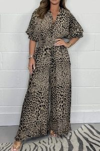 Fashion leopard print wide-leg jumpsuit with puff sleeves and V-neck for women