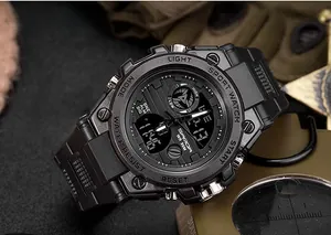 Macro shot of SANDA tactical digital watch with dual display and 30M waterproof rating