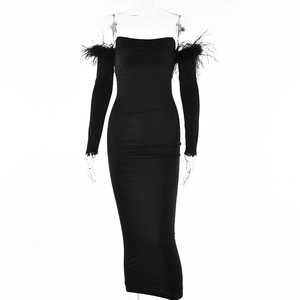 Elegant black off-shoulder long sleeve dress with feather trim and slim fit silhouette