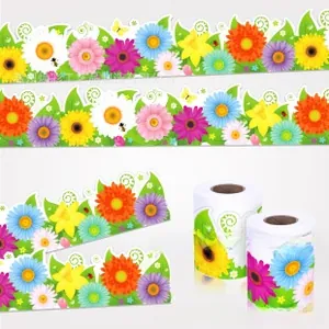 Close-up of colorful daisy and sunflower floral border stickers for party decoration