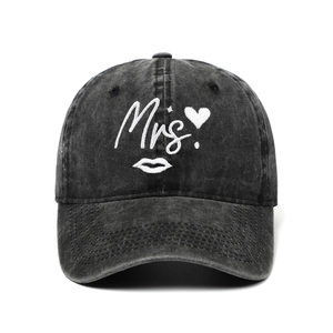 Vintage washed black baseball cap with white Mrs. embroidery and heart motif for weddings
