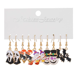 Set of 6 pairs of Halloween enamel earrings featuring ghosts, pumpkins, and bats