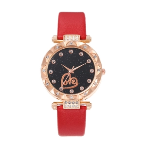 Women's quartz watch with red leather strap, rose gold starry sky dial and heart pattern