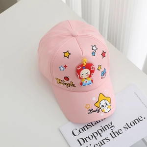 Pink kids baseball cap with cute apple and star print featuring Twinkle Lucky text