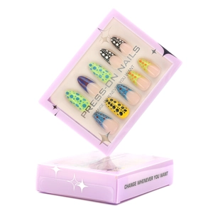 French almond press-on nails with colorful dots in a purple window gift box