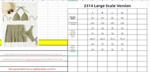 Size guide for three-piece bikini set showing measurements from S to XL in green fabric